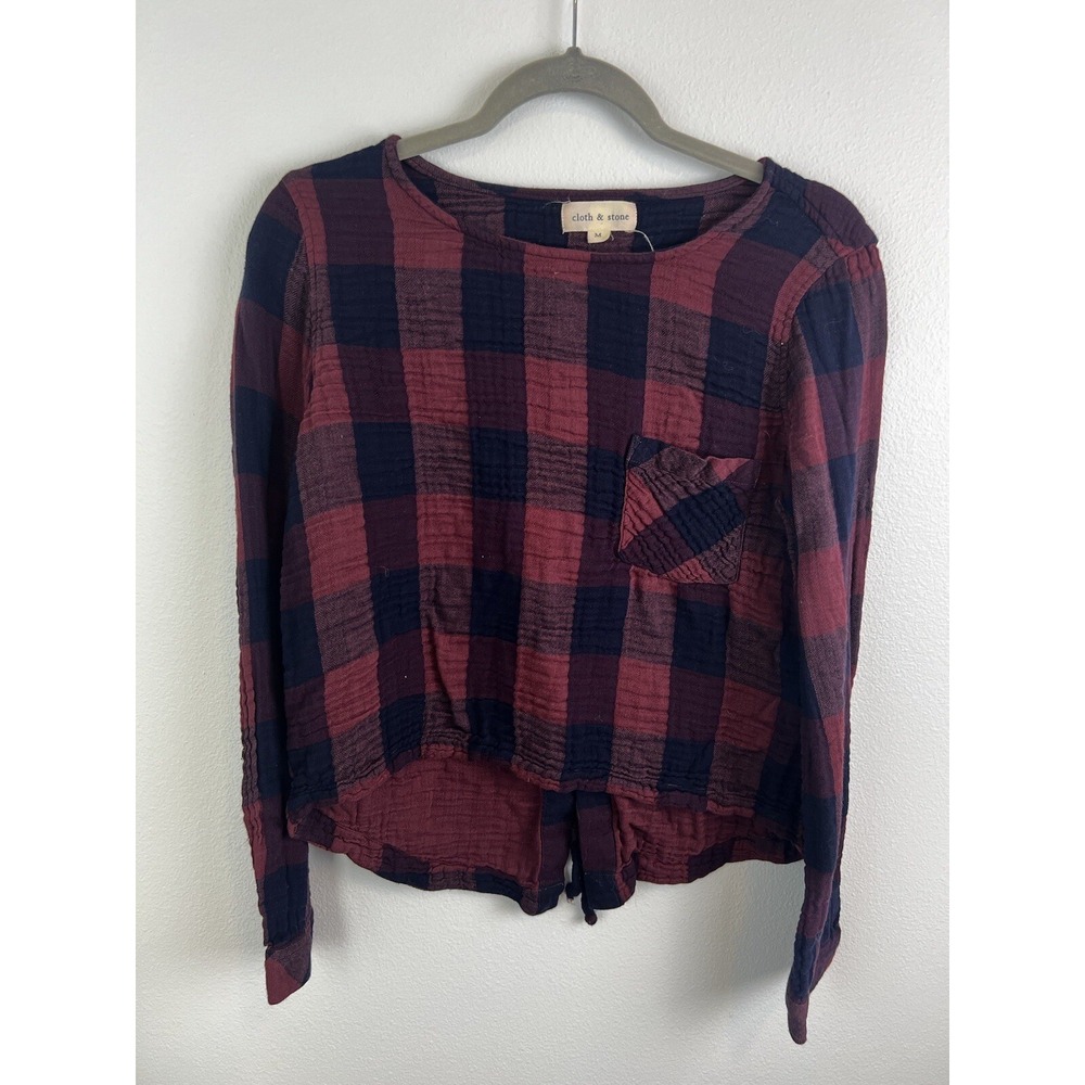 Cloth & Stone Blouse Plaid Lace Up‎ Back Long Sleeve Pocket Size Med Flaw